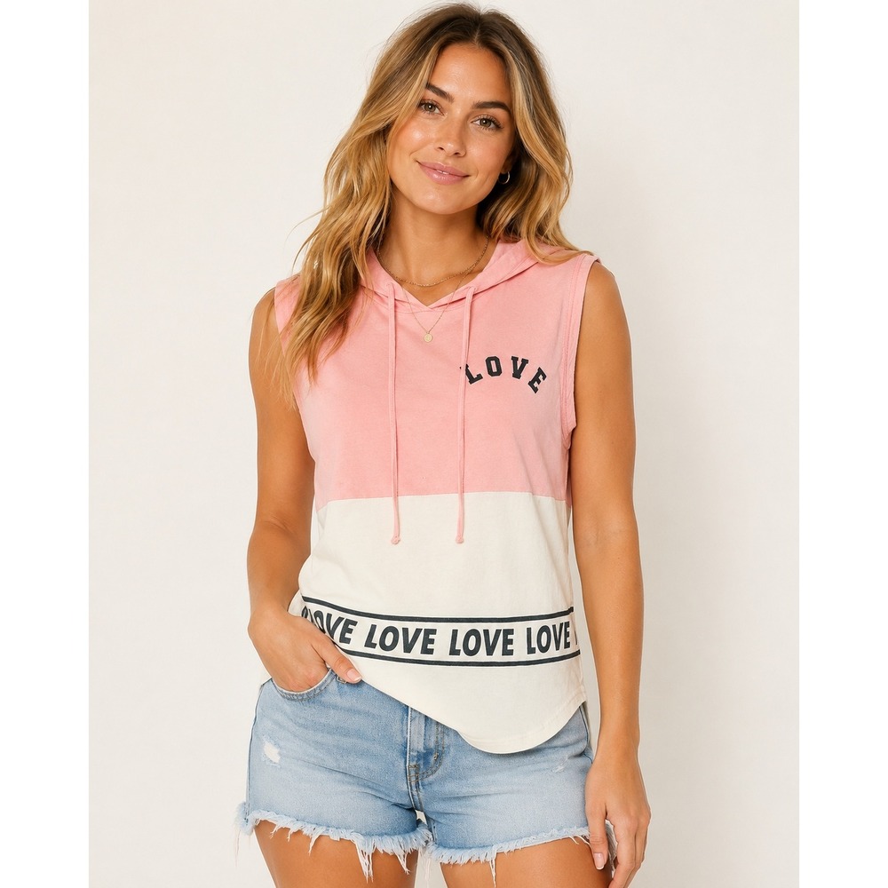 On Fire Sleeveless Hoodie Womens Small Pink White Love Graphic Colorblock Top
